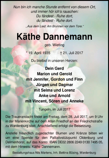 Traueranzeige von Käthe Dannemann von Nordwest-Zeitung