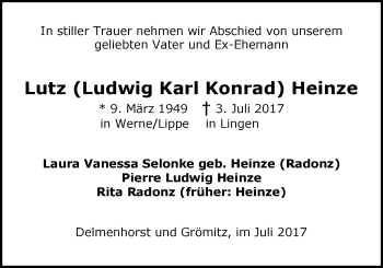 Traueranzeige von Lutz (Ludwig Karl Konrad) Heinze von Nordwest-Zeitung