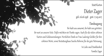 Traueranzeige von Dieter Zager von Nordwest-Zeitung