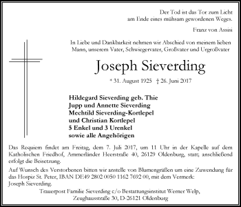 Traueranzeige von Joseph Sieverding von Nordwest-Zeitung