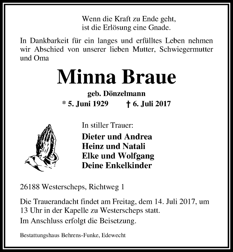  Traueranzeige für Minna Braue vom 10.07.2017 aus Nordwest-Zeitung
