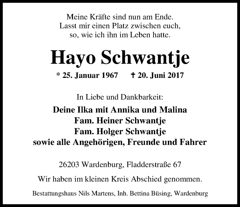  Traueranzeige für Hayo Schwantje vom 01.07.2017 aus Nordwest-Zeitung