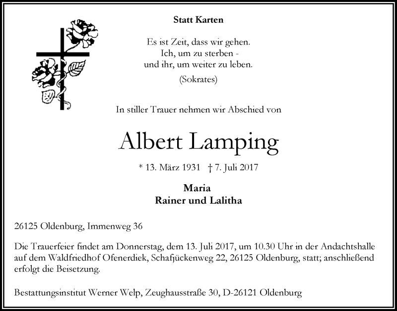  Traueranzeige für Albert Lamping vom 11.07.2017 aus Nordwest-Zeitung