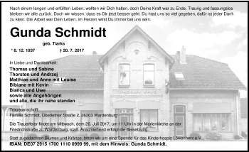 Traueranzeige von Gunda Schmidt von Nordwest-Zeitung