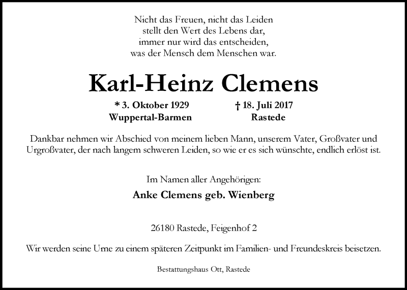  Traueranzeige für Karl-Heinz Clemens vom 22.07.2017 aus Nordwest-Zeitung