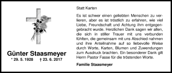 Traueranzeige von Günter Staasmeyer von Nordwest-Zeitung
