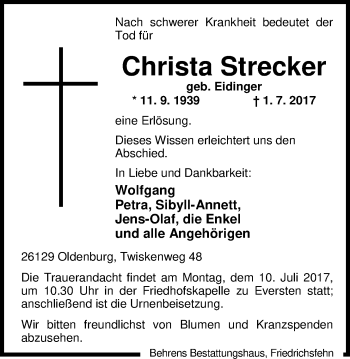 Traueranzeige von Christa Strecker von Nordwest-Zeitung