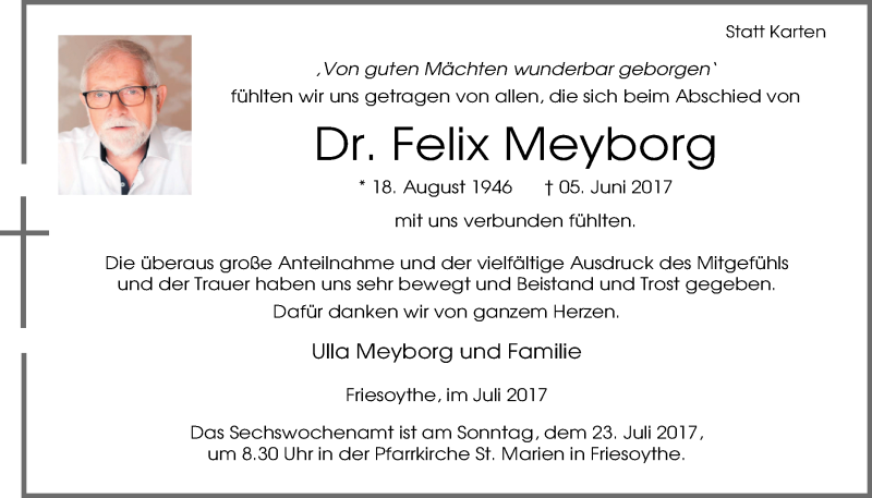  Traueranzeige für Felix Meyborg vom 20.07.2017 aus Nordwest-Zeitung
