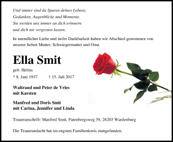 Traueranzeige von Ella Smit von Nordwest-Zeitung