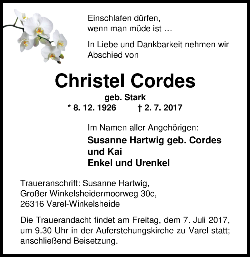  Traueranzeige für Christel Cordes vom 05.07.2017 aus Nordwest-Zeitung