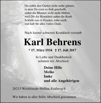 Traueranzeige von Karl Behrens von Nordwest-Zeitung
