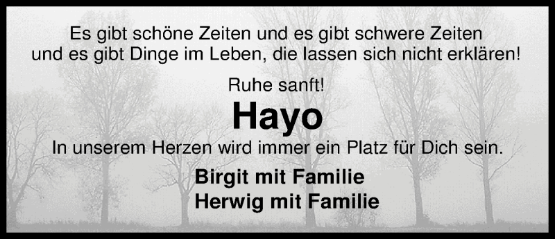  Traueranzeige für Hayo Schwantje vom 01.07.2017 aus Nordwest-Zeitung
