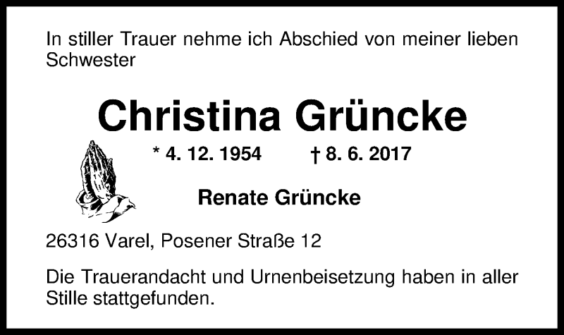  Traueranzeige für Christina Grüncke vom 07.07.2017 aus Nordwest-Zeitung