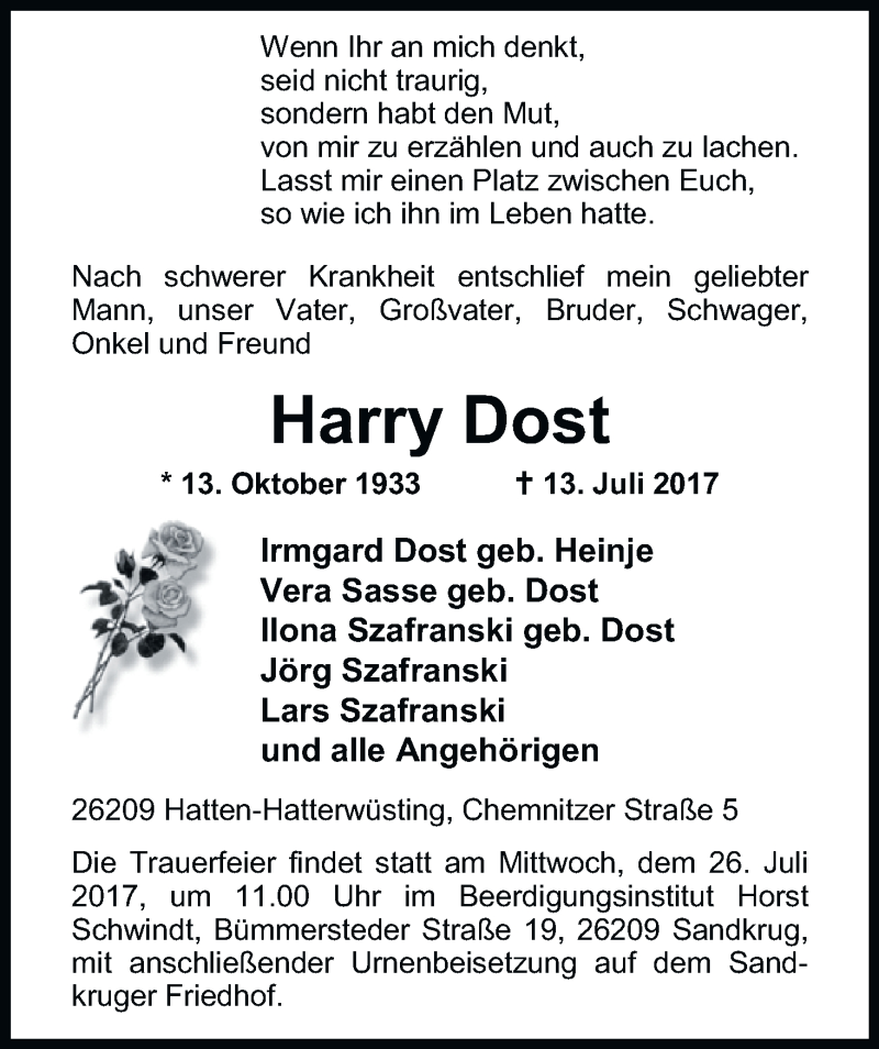  Traueranzeige für Harry Dost vom 19.07.2017 aus Nordwest-Zeitung