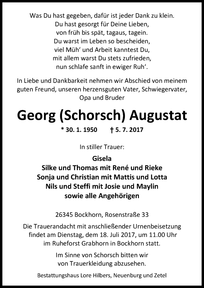  Traueranzeige für Georg (Schorsch) Augustat vom 15.07.2017 aus Nordwest-Zeitung