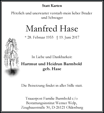 Traueranzeige von Manfred Hase von Nordwest-Zeitung