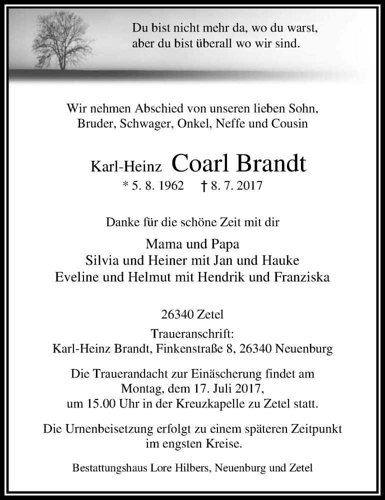  Traueranzeige für Karl-Heinz Brandt vom 14.07.2017 aus Nordwest-Zeitung