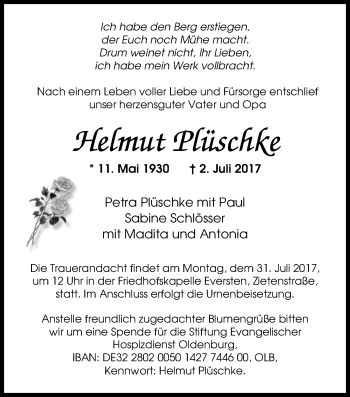 Traueranzeige von Helmut Plüschke von Nordwest-Zeitung