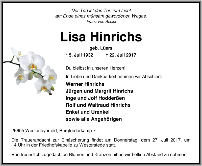  Traueranzeige für Lisa Hinrichs vom 25.07.2017 aus Nordwest-Zeitung