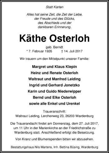 Traueranzeige von Käthe Osterloh von Nordwest-Zeitung