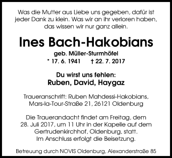 Traueranzeige von Ines Bach-Hakobians von Nordwest-Zeitung