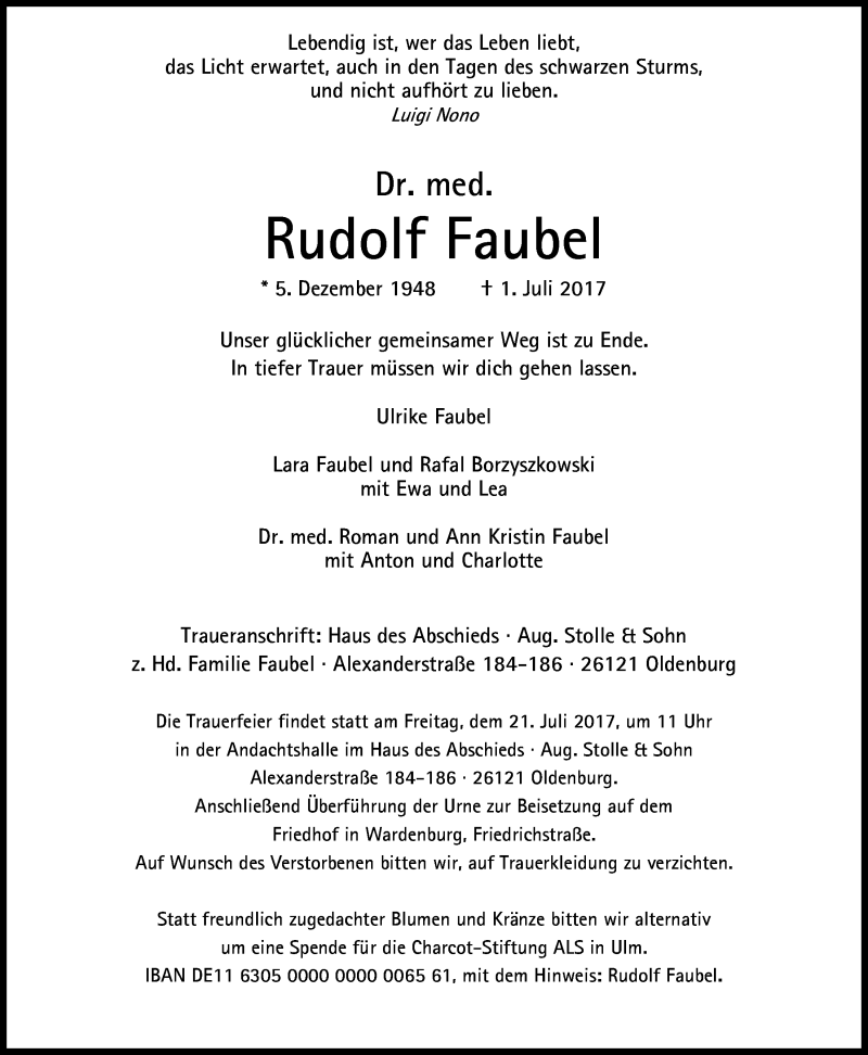  Traueranzeige für Dr. Rudolf Faubel vom 15.07.2017 aus Nordwest-Zeitung