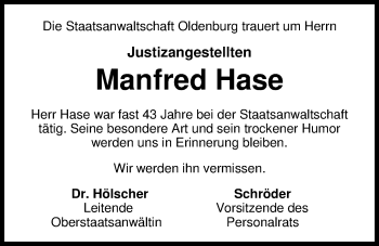 Traueranzeige von Manfred Hase von Nordwest-Zeitung
