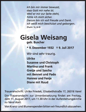 Traueranzeige von Gisela Weisang von Nordwest-Zeitung