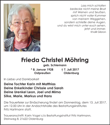 Traueranzeige von Frieda Christel Möhring von Nordwest-Zeitung