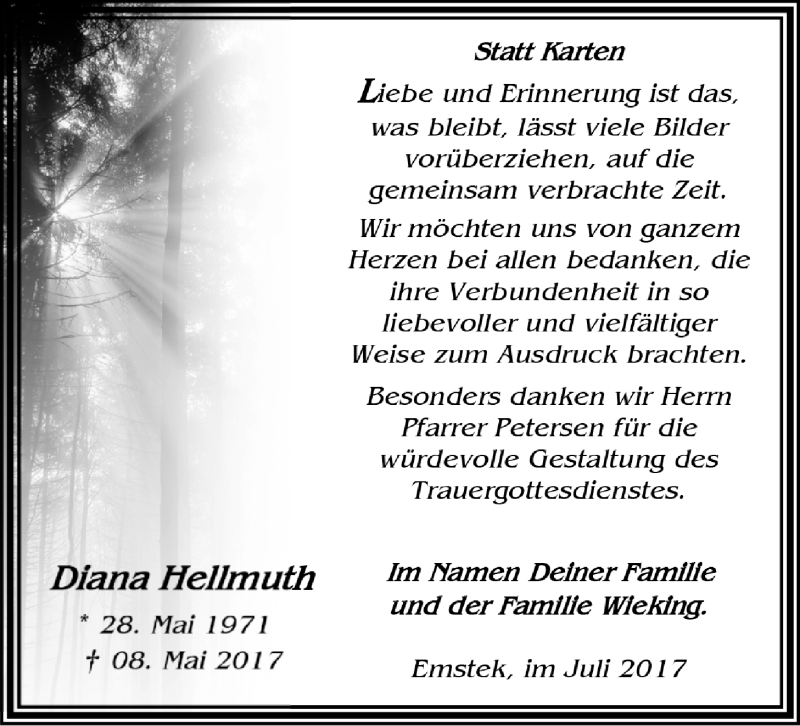  Traueranzeige für Diana Hellmuth vom 08.07.2017 aus Nordwest-Zeitung