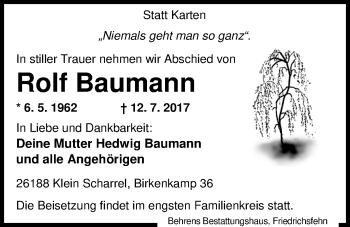 Traueranzeige von Rolf Baumann von Nordwest-Zeitung