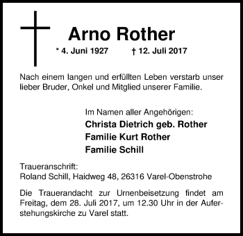 Traueranzeige von Arno Rother von Nordwest-Zeitung