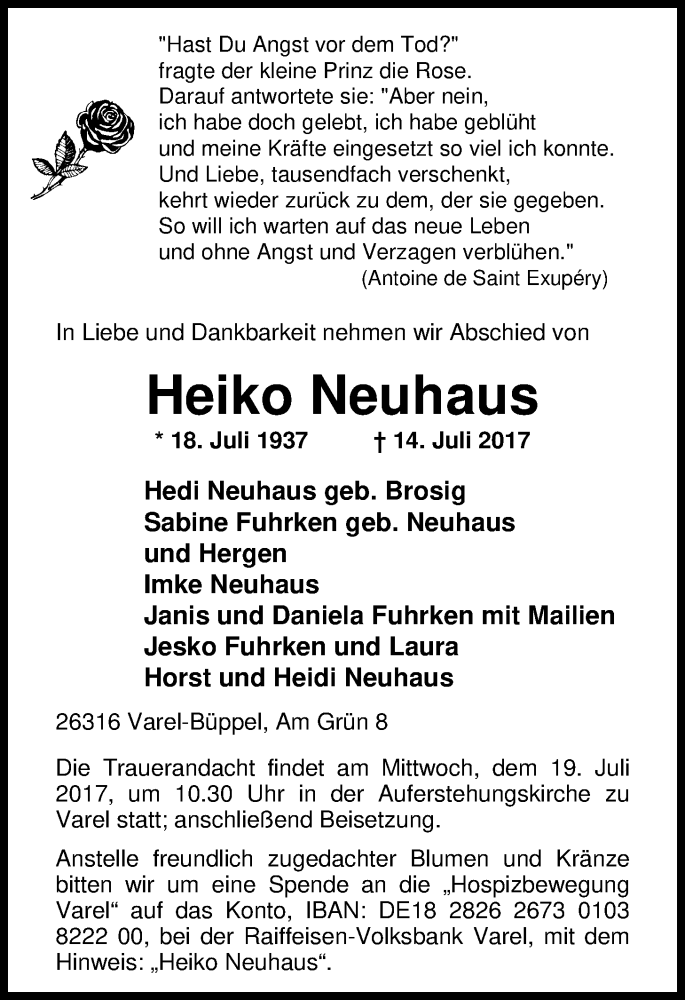  Traueranzeige für Heiko Neuhaus vom 17.07.2017 aus Nordwest-Zeitung