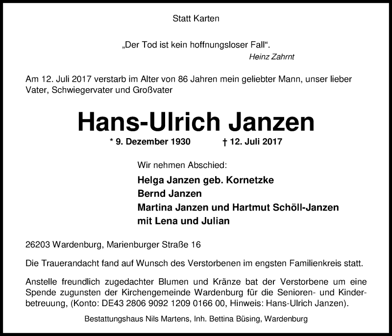  Traueranzeige für Hans-Ulrich Janzen vom 18.07.2017 aus Nordwest-Zeitung