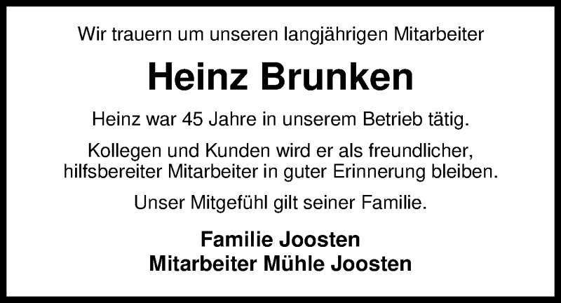  Traueranzeige für Heinz Brunken vom 14.07.2017 aus Nordwest-Zeitung