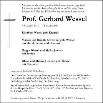 Traueranzeige von Gerhard Wessel von Nordwest-Zeitung