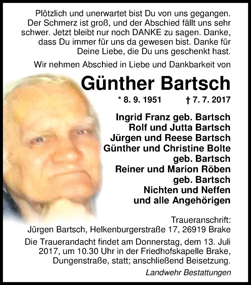  Traueranzeige für Günther Bartsch vom 10.07.2017 aus Nordwest-Zeitung