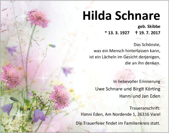 Traueranzeige von Hilda Schnare von Nordwest-Zeitung