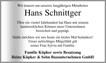 Traueranzeige von Hans Schnittger von Nordwest-Zeitung