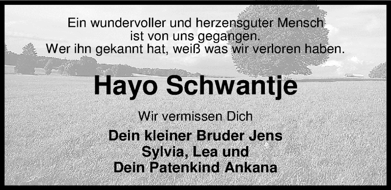  Traueranzeige für Hayo Schwantje vom 01.07.2017 aus Nordwest-Zeitung