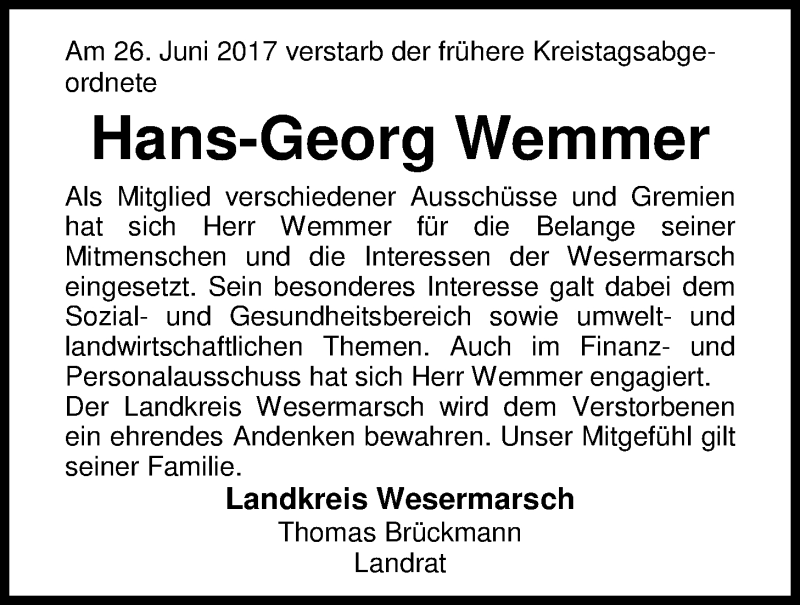  Traueranzeige für Hans-Georg Wemmer  vom 04.07.2017 aus Nordwest-Zeitung