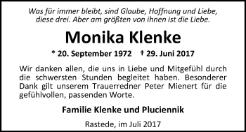 Traueranzeige von Monika Maria Klenke von Nordwest-Zeitung
