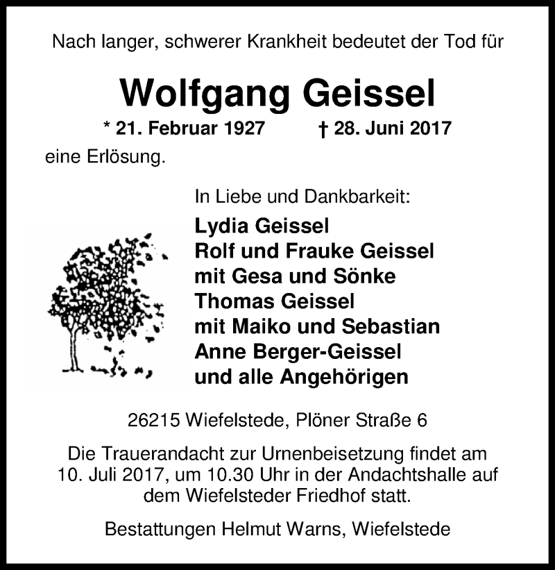  Traueranzeige für Wolfgang Geissel vom 04.07.2017 aus Nordwest-Zeitung