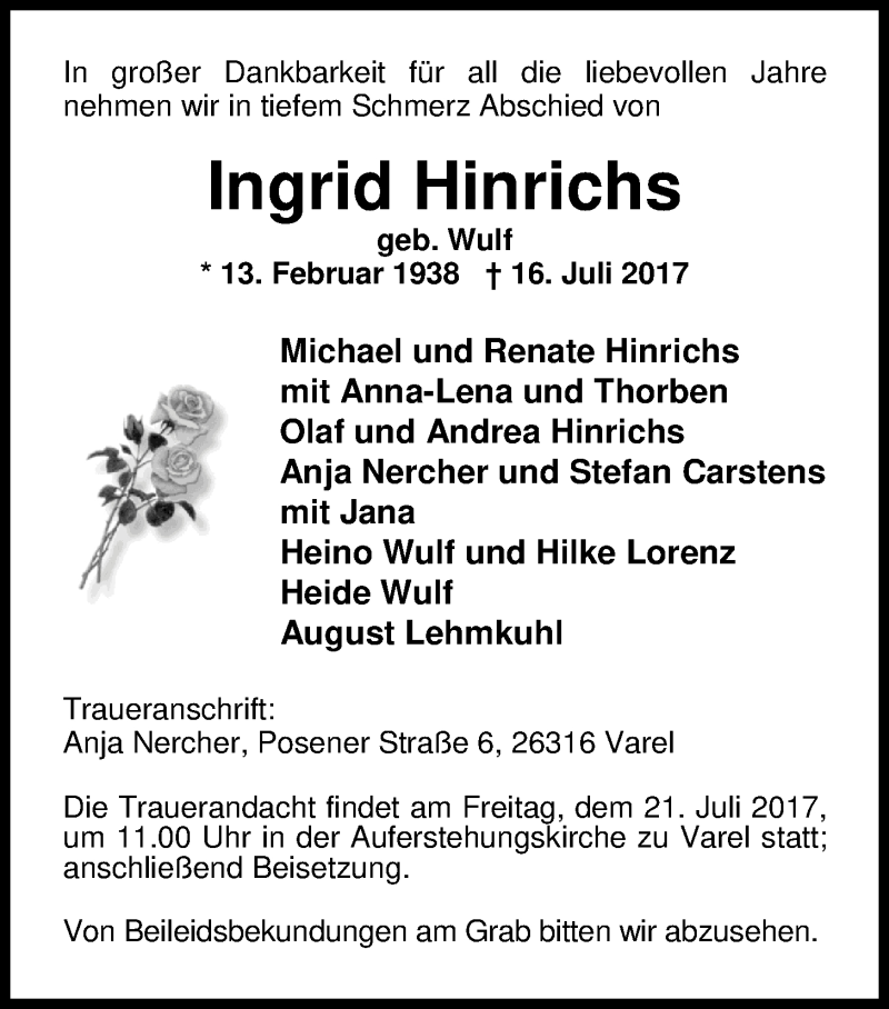  Traueranzeige für Ingrid Hinrichs vom 18.07.2017 aus Nordwest-Zeitung