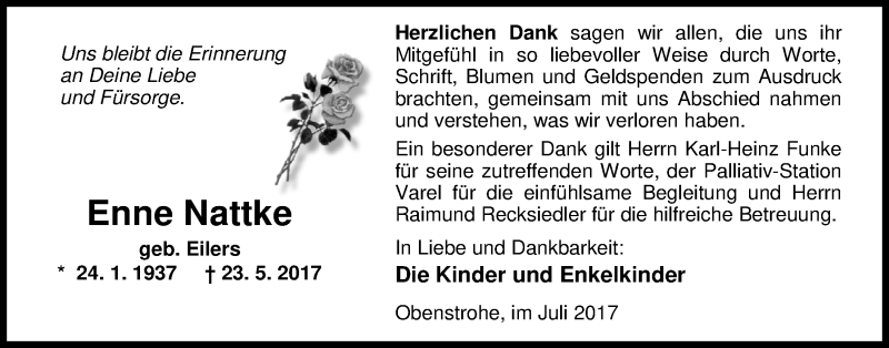  Traueranzeige für Enne Nattke vom 07.07.2017 aus Nordwest-Zeitung
