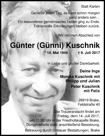 Traueranzeige von Günter Kuschnik von Nordwest-Zeitung