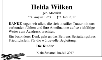 Traueranzeige von Helda Wilken von Nordwest-Zeitung