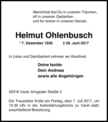 Traueranzeige von Helmut Ohlenbusch von Nordwest-Zeitung
