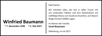 Traueranzeige von Winfried Baumann von Nordwest-Zeitung