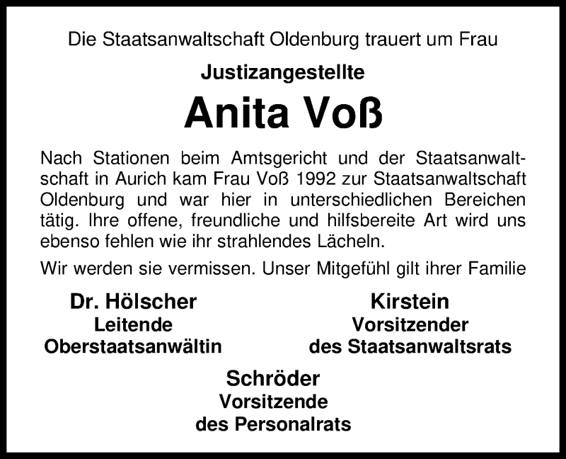  Traueranzeige für Anita Johanne Voß vom 08.07.2017 aus Nordwest-Zeitung